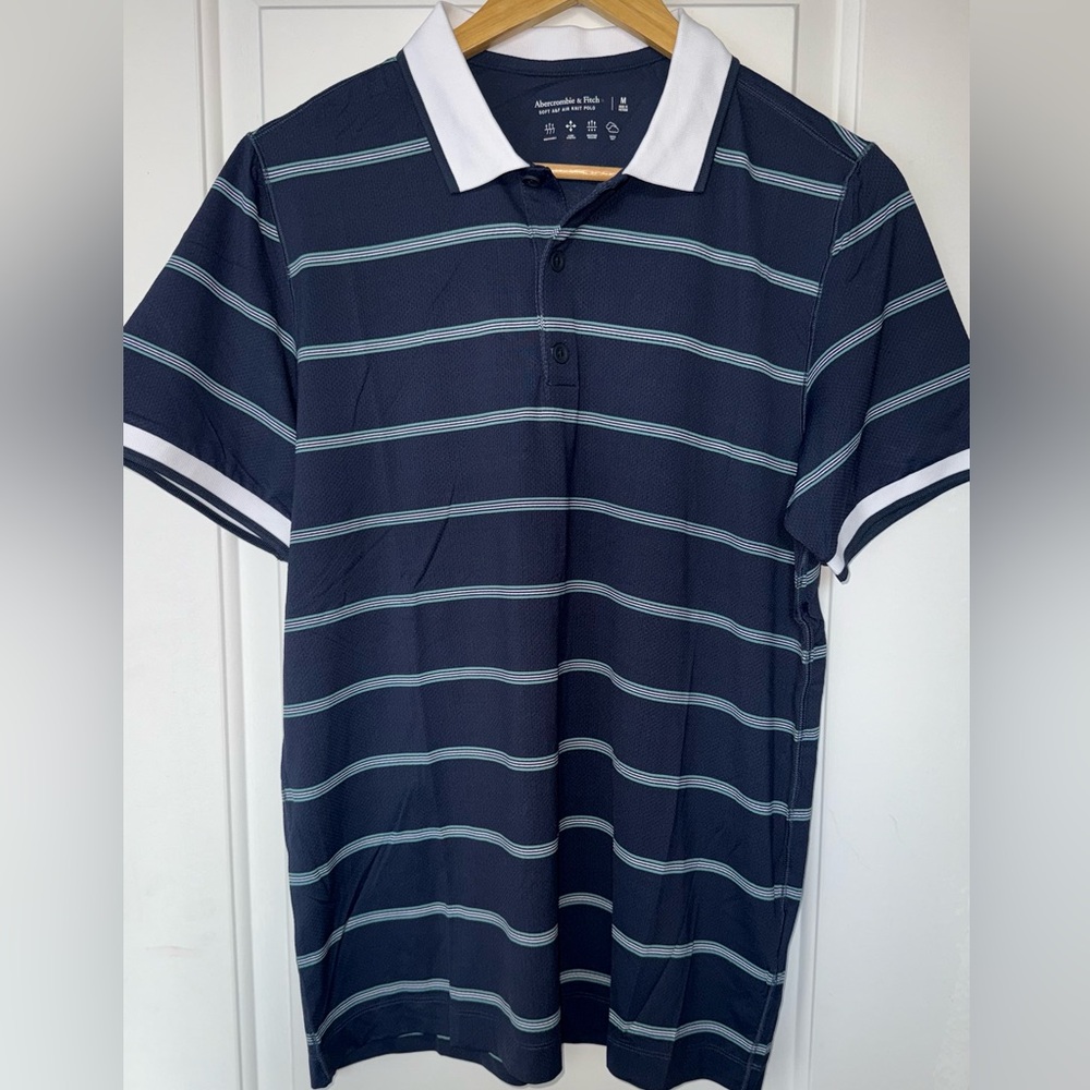 Abercrombie & Fitch Soft A&F Navy Striped Air Knit Polo - Picture 3 of 8